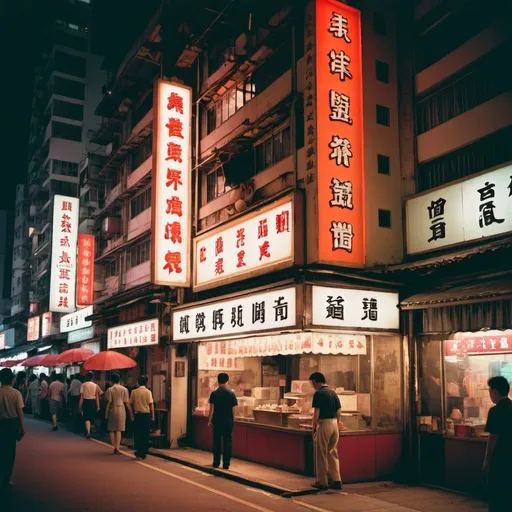 Prompt: Nostalgic, Old Kowloon, vintage film grain, fujifilm, Cantonese neon signs, night market