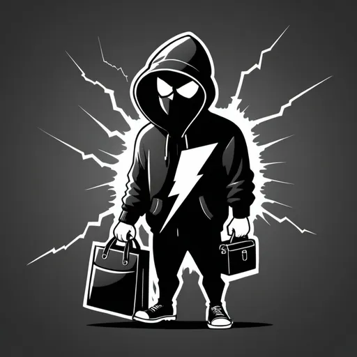 Prompt: a burgler with a lightening bolt in his bag. simple easy to copy black and white animated
