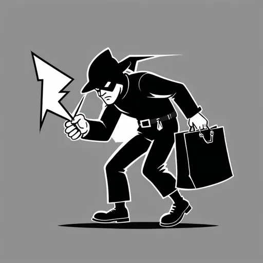 Prompt: a burgler with a lightening bolt in his bag. simple easy to copy black and white animated very basic

