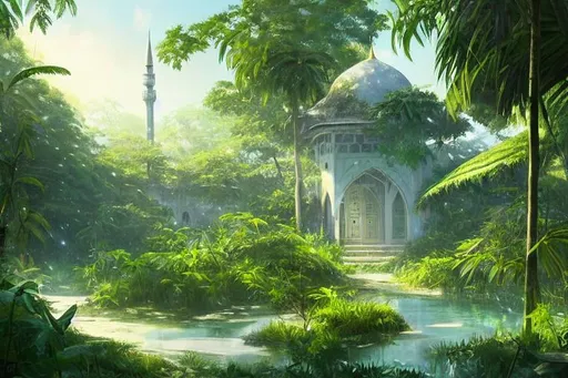 Prompt: beautiful oil painting of an old, abandoned and overgrown mosque with a huge white minaret and large windows. rainforest. a few light rays. green plants. monstera.. dawn. saturated colors. light reflections. green plants, perfectly shaded, atmospheric lighting, Beautiful Magical forest glen and jungle outside, style of makoto shinkai and peter mohrbacher, studio ghibli. artgerm, karol bak, beeple, oil painting style, 8 k hd, ultra wide angle, hyper detailed. highly detailed fauna