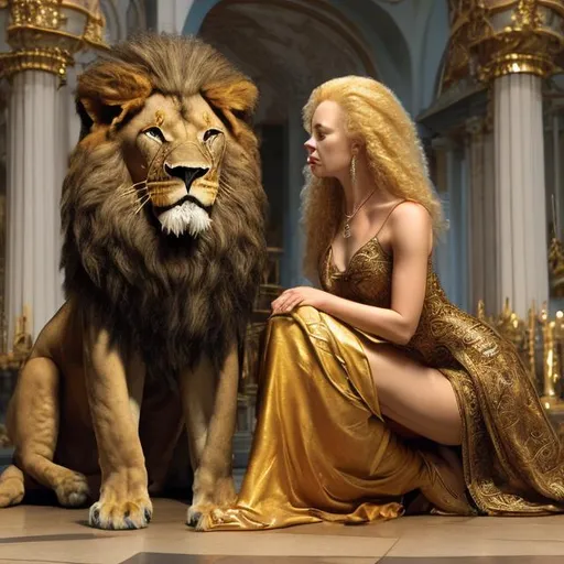 Prompt: queen kneeling on the lion