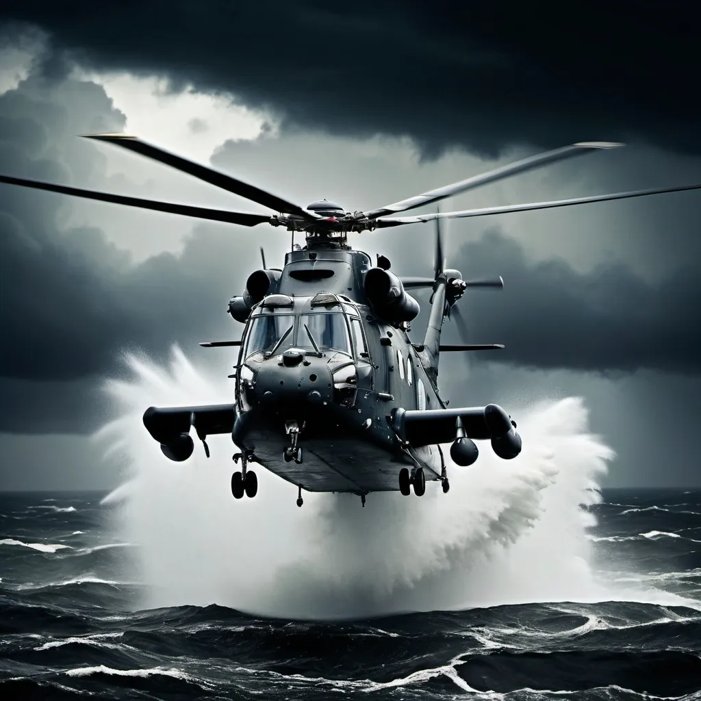 Prompt: (Belgian seaking helicopter), soaring through turbulent storm clouds, (dynamic composition), against a backdrop of dark, ominous skies, fierce winds creating dramatic turbulence, (high contrast lighting), rain pouring down like a waterfall, (gritty realism), showcasing the helicopter's powerful rotors in action, capturing the intensity of the storm, (ultra-detailed), (HD quality) atmosphere is tense and thrilling.