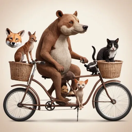 Prompt: gerar imagem de bike com varios animais e pessoas juntas
