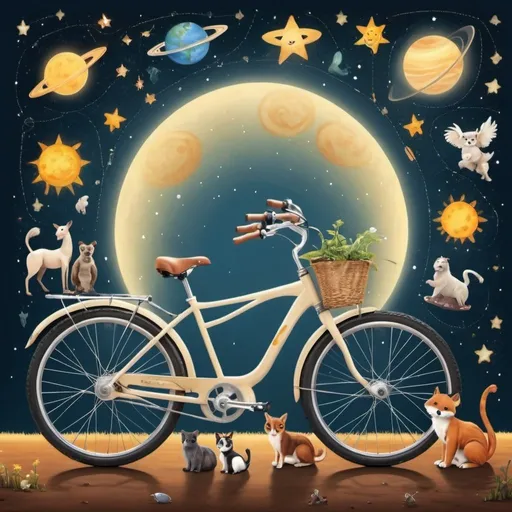 Prompt: gerar imagem de bike com varios animais e planetas, sistema solar, estrelas, 
