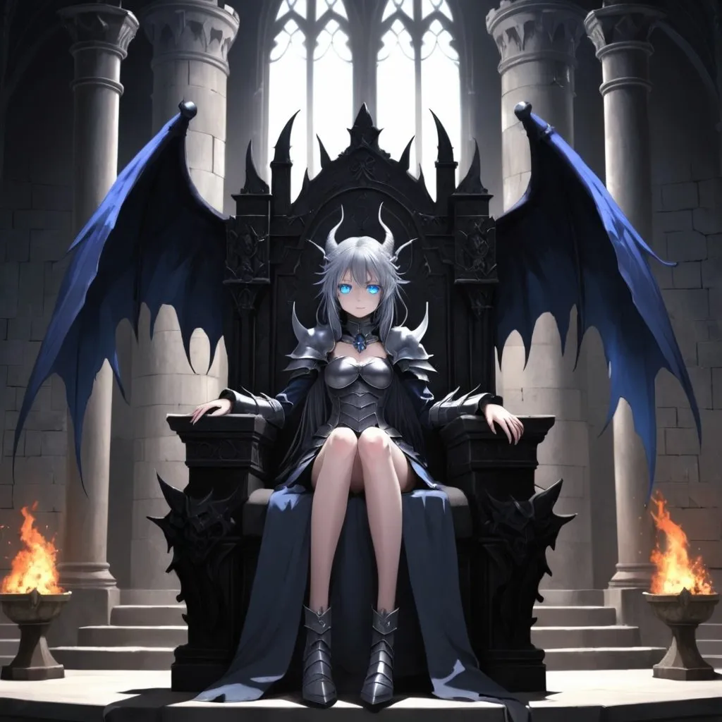 Prompt: anime scene , anime , girl , demon , sit on throne , have wings , Gray hair , blue eyes , dark castle , dark Armor ,