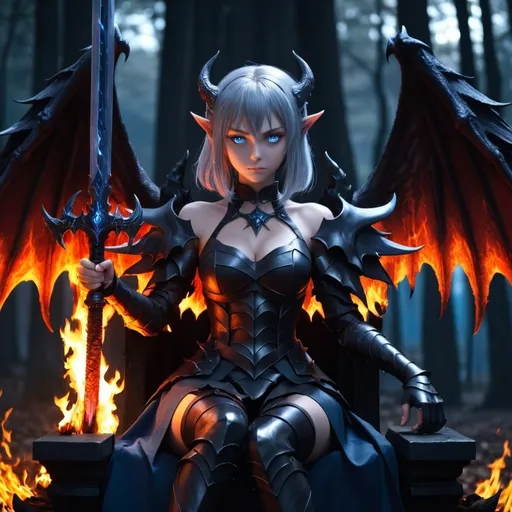 Prompt: Anime , girl , demon , Gray hair , blue eyes , holding Fire sword , sit on throne , wings demon , dark Armor , dark forest , 4k uhd , HD , full blood on face