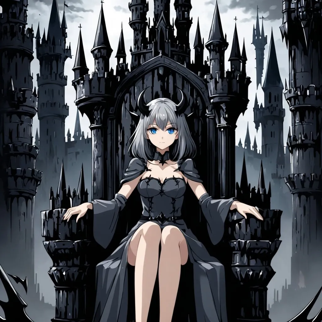 Prompt: Anime, girl, Gray hair, blue eyes, sit on throne, dark castle, demon,