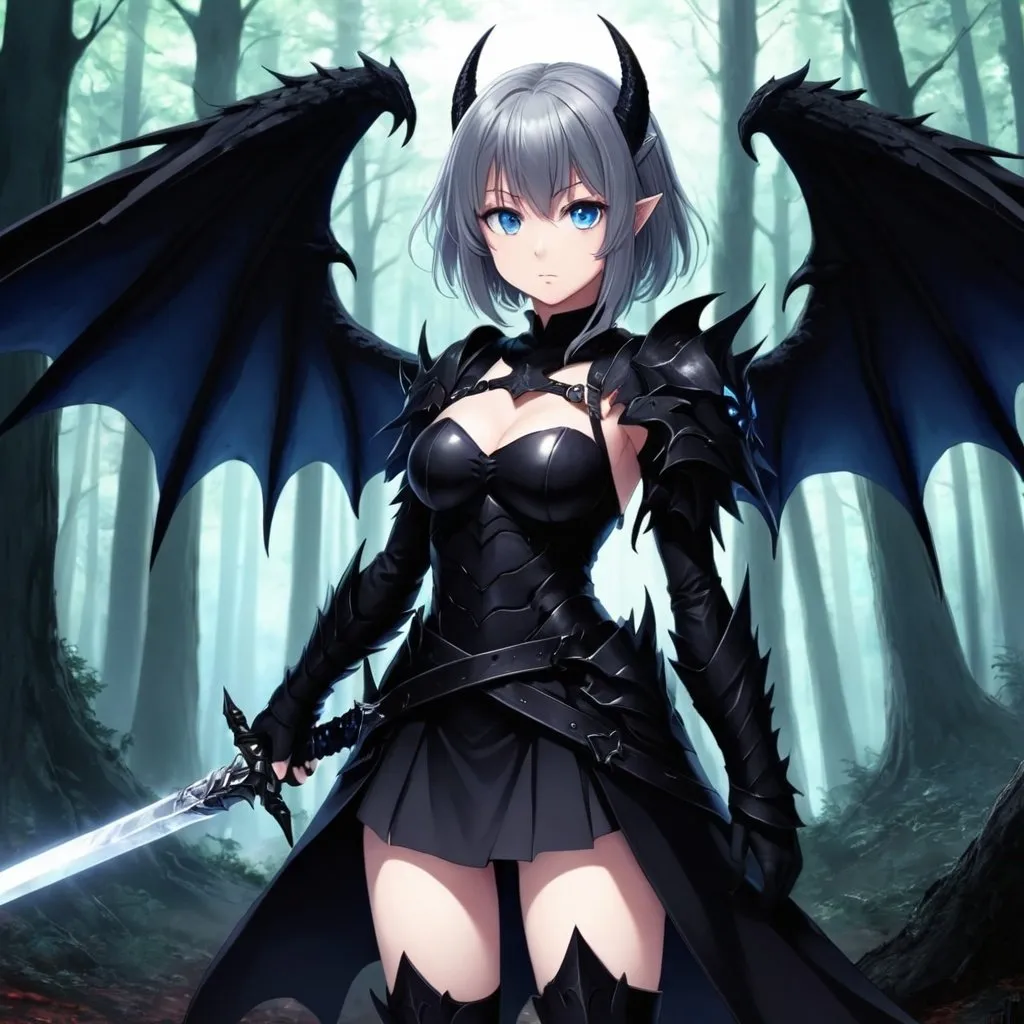 Prompt:  Anime , girl , demon , Gray hair , blue eyes , holding dark sword , wings demon , dark Armor , dark forest ,