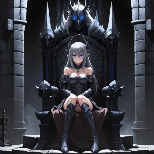 Prompt:  Anime , girl , demon , Gray hair , blue eyes , sit on throne , dark castle , dark Armor , dark sword