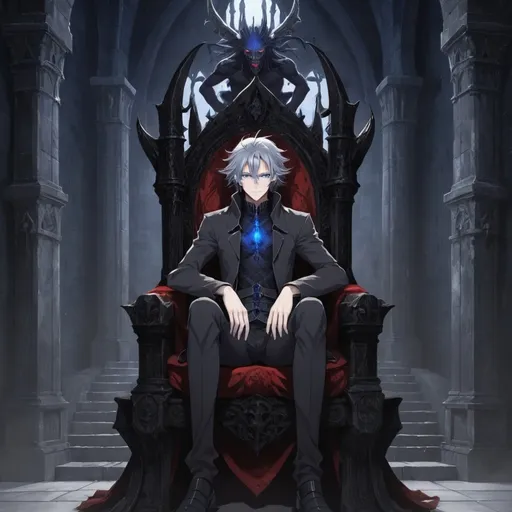 Prompt:  Anime , demon , Gray hair , blue eyes , sit on throne , dark castle ,