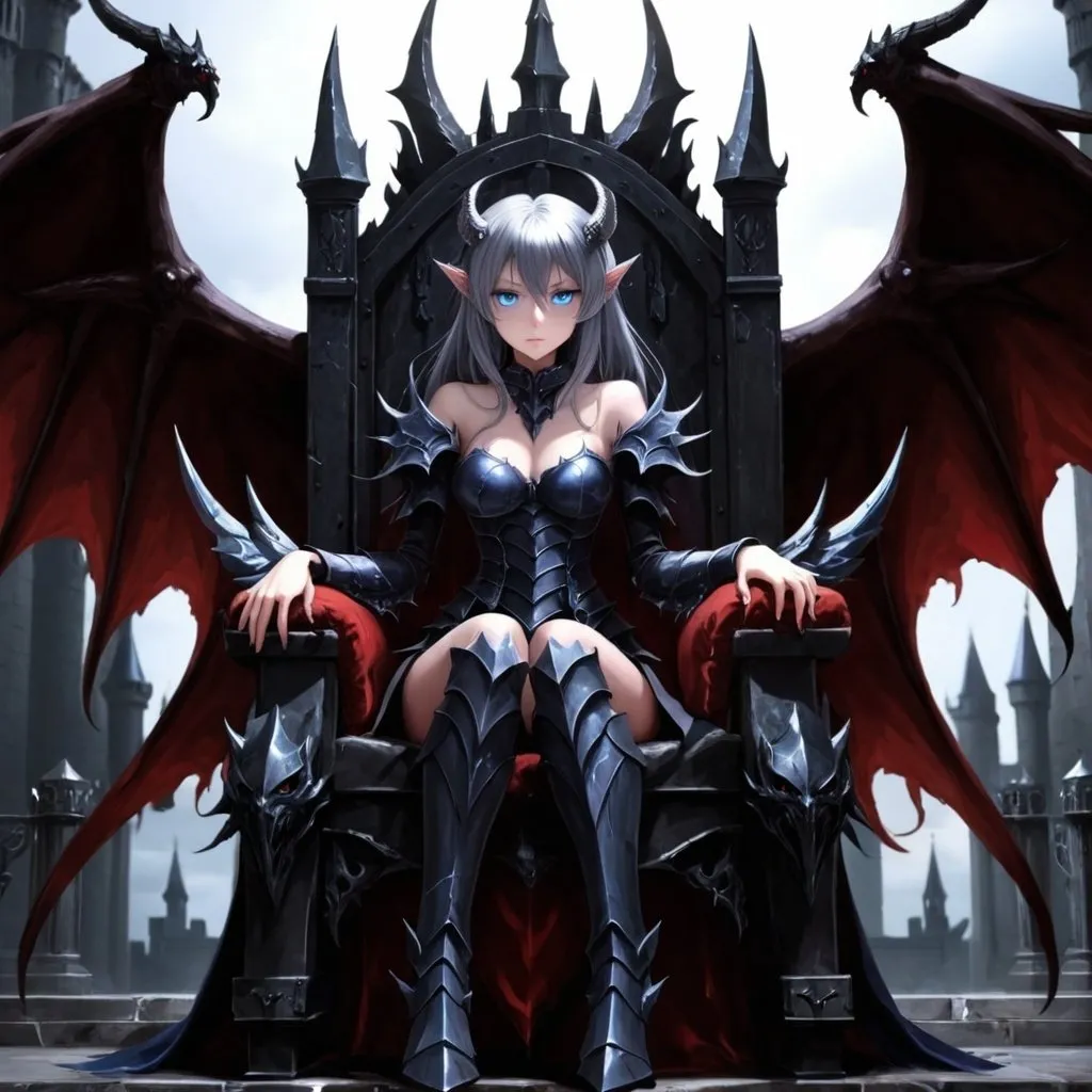 Prompt: Anime , girl , demon , Gray hair , blue eyes , sit on throne , wings demon , dark Armor , dark castle , HD , full blood on face , 