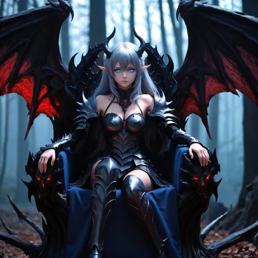 Prompt: Anime , girl , demon , Gray hair , blue eyes , sit on throne , wings demon , dark Armor , dark forest , 4k uhd , HD , full blood on face , 