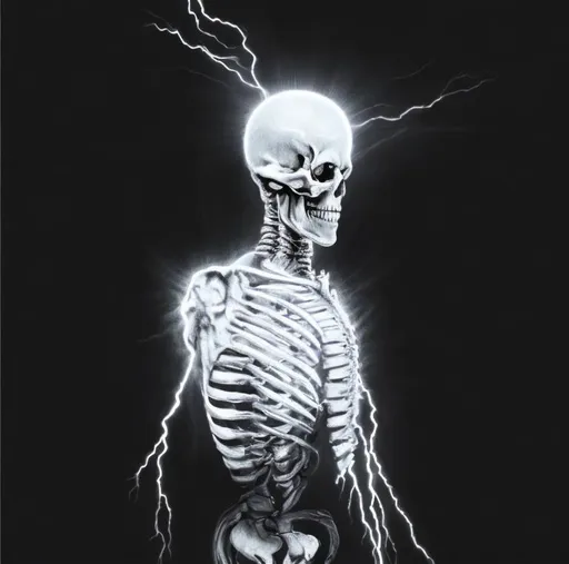 Prompt: a hyper realistic sketch of a skeleton with an angel halo and lightning on a black background