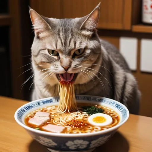 Prompt: A cat eating ramen noisily
