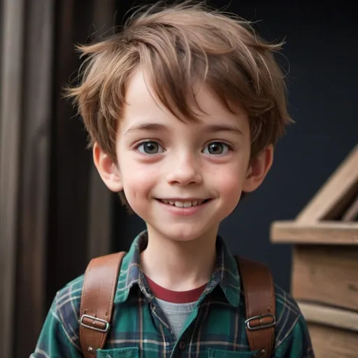 Prompt:  is a slender  boy with chestnut short hair that forms a small swirl on his forehead, tilting to the left. His eyes are a deep black, shining with curiosity and joy. He smiles with a wide and bright smile, exuding an aura of enthusiasm and adventure. Dressed in a plaid shirt with rolled-up sleeves and shorts, he looks like an adventurer ready for new discoveries