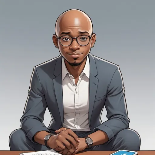 Prompt: 2d studio ghibli anime style, Create an illustration of an animated character of a handsome fair skinned african american man who wears glasses and has a bald head sitting casually on top of a social media logo 'LinkedIN'. The character must wear modern dress such as pants, a t-shirt, and sneakers. The background of the character is a mockup of his LinkedIN profile page with a profile name 'Tech Advent' and a profile picture same as the character.