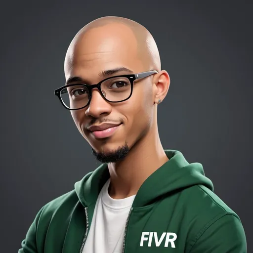 Prompt: Create a 3D illustration of an animated character of a handsome light skinned african american man who wears glasses and has a bald head sitting casually on top of a social media logo 'FIVERR'. The character must dress in a very fashionable hypebeast style. The background of the character is a mockup of his FIVERR profile page with a profile name 'Gifted76' and a profile picture same as the character."