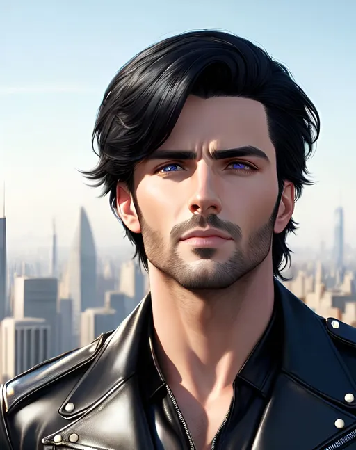 Prompt: photorealistic portrait, an attractive man with black hair and blue eyes wearing a leather jacket, panorama of the city, perfect composition, detailed face, realistic, super detailed, 8k, high quality, artstation, sharp focus, studio photo, intricate details, highly detailed, by greg rutkowski