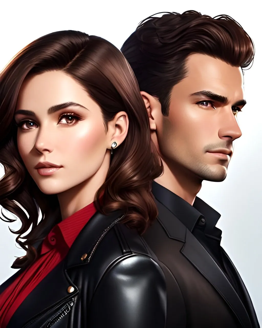 Prompt: photorealistic portrait of a couple of a confident man with short brown hair wearing a black jacket and a beautiful girl with wavy brown hair wearing a red dress, perfect composition, detailed face, realistic, super detailed, 8k, high quality, artstation, sharp focus, studio photo, intricate details, highly detailed, by greg rutkowski