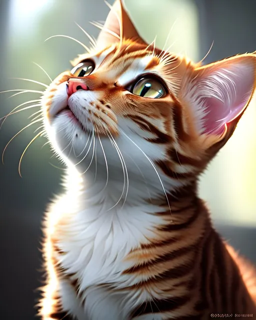 Prompt: photorealistic, ginger kitten looking up, soft light, back, perfect composition, detailed face, realistic, super detailed, 8k, high quality, artstation, sharp focus, studio photo, intricate details, highly detailed, by greg rutkowski