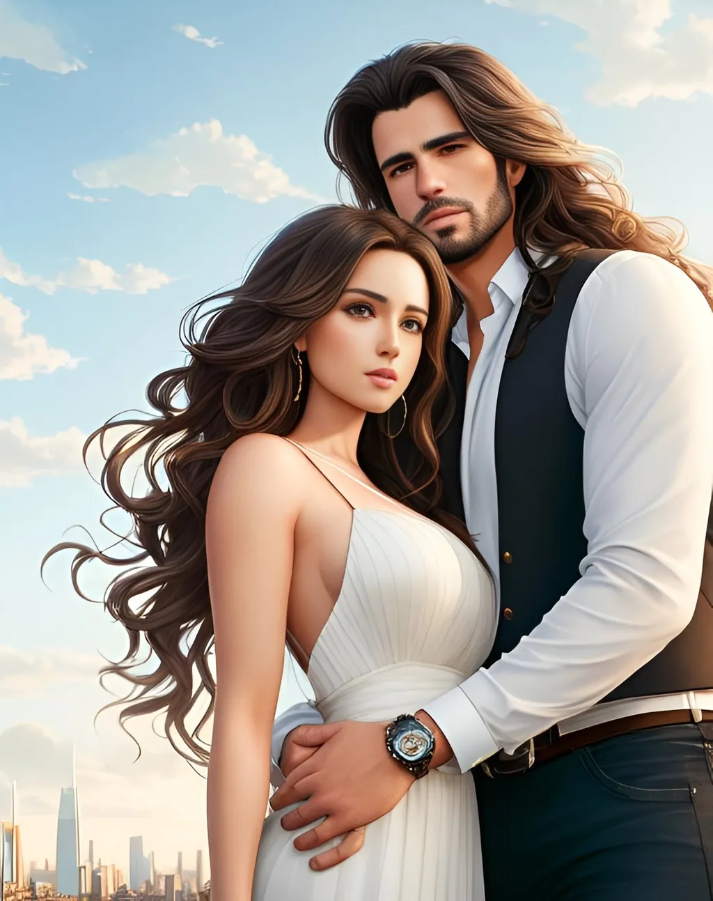 Prompt: photorealistic portrait, a couple of a beautiful girl with long wavy hair and a handsome man with thick hair, panorama of the city, perfect composition, detailed face, realistic, super detailed, 8k, high quality, artstation, sharp focus, studio photo, intricate details, highly detailed, by greg rutkowski