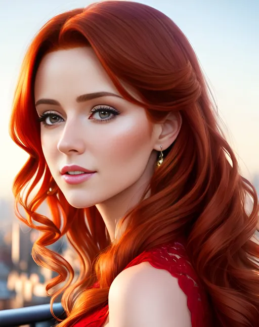 Prompt: photorealistic portrait, a couple of a beautiful girl with long wavy ginger hair wearing a red dress and a handsome man with short brown hair, passion, hot, love, panorama of the city, perfect composition, detailed face, realistic, super detailed, 8k, high quality, artstation, sharp focus, studio photo, intricate details, highly detailed, by greg rutkowski