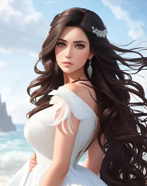 Prompt: photorealistic portrait, a couple of a beautiful girl with long wavy brown hair in a stunning white dress and a handsome man with black hair, perfect composition, detailed face, realistic, super detailed, 8k, high quality, artstation, sharp focus, studio photo, intricate details, highly detailed, by greg rutkowski