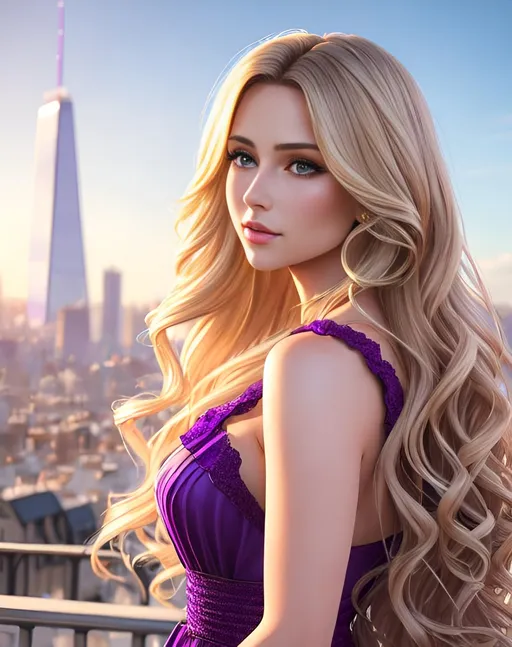Prompt: photorealistic portrait, a beautiful girl with long wavy blonde hair wearing a purple dress, a handsome man with short brown hair, passion, hot, love, panorama of the city, perfect composition, detailed face, realistic, super detailed, 8k, high quality, artstation, sharp focus, studio photo, intricate details, highly detailed, by greg rutkowski