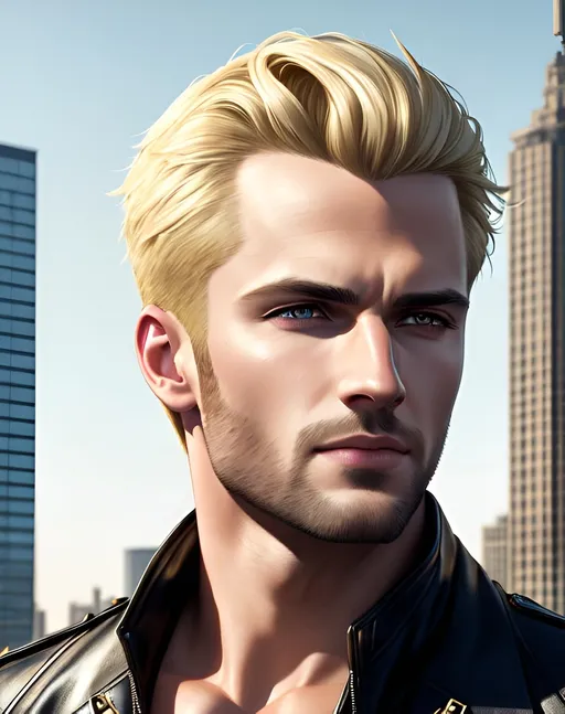 Prompt: photorealistic portrait, a confident man with blonde hair and yellow eyes wearing black leather jacket, panorama of the city, perfect composition, detailed face, realistic, super detailed, 8k, high quality, artstation, sharp focus, studio photo, intricate details, highly detailed, by greg rutkowski