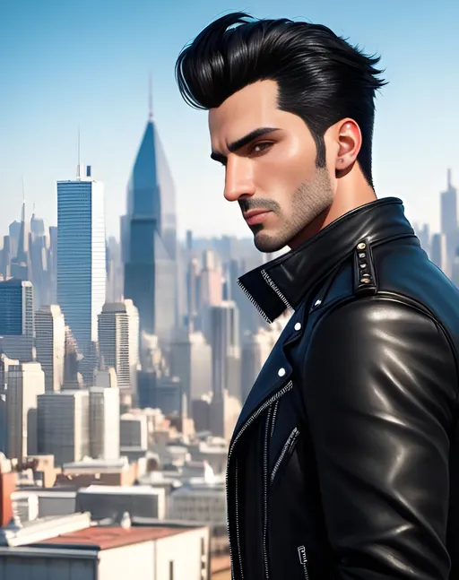 Prompt: photorealistic portrait, an attractive man with black hair and gray eyes wearing a black leather jacket with rolled sleeves, panorama of the city, perfect composition, detailed face, realistic, super detailed, 8k, high quality, artstation, sharp focus, studio photo, intricate details, highly detailed, by greg rutkowski