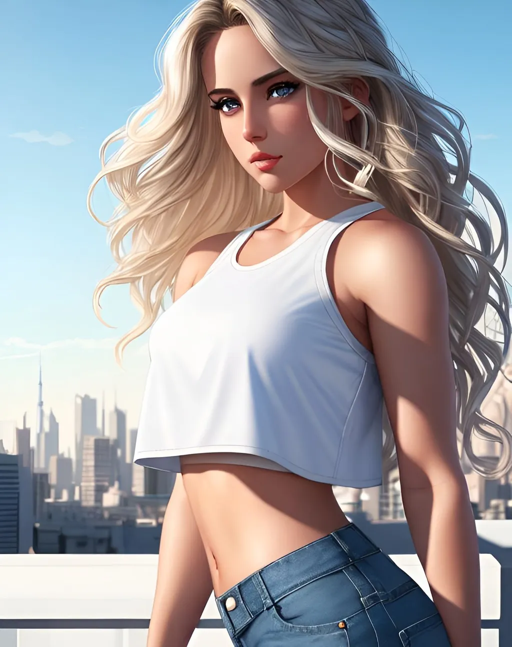 Prompt: photorealistic portrait, an attractive girl with blonde wavy hair and gray eyes wearing a white crop top and blue denim shorts, panorama of the city, perfect composition, detailed face, realistic, super detailed, 8k, high quality, artstation, sharp focus, studio photo, intricate details, highly detailed, by greg rutkowski