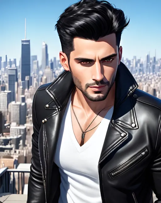 Prompt: photorealistic portrait, an attractive man with black hair and gray eyes wearing a leather jacket, panorama of the city, perfect composition, detailed face, realistic, super detailed, 8k, high quality, artstation, sharp focus, studio photo, intricate details, highly detailed, by greg rutkowski