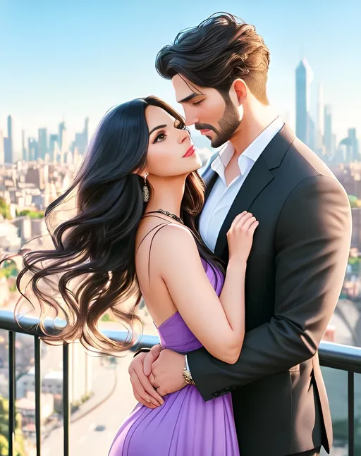 Prompt: photorealistic portrait, a sexual couple of a beautiful girl with long wavy black hair wearing a violet dress and a handsome man with short blonde hair, passion, hot, love, panorama of the city, perfect composition, detailed face, realistic, super detailed, 8k, high quality, artstation, sharp focus, studio photo, intricate details, highly detailed, by greg rutkowski