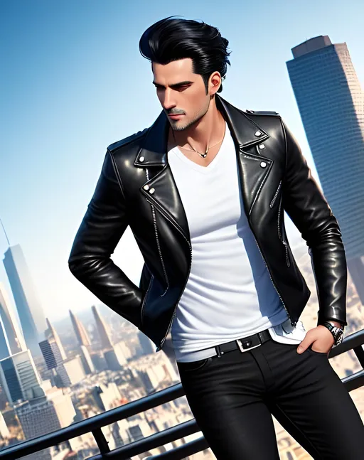 Prompt: photorealistic portrait, a handsome confident man with black hair and gray eyes wearing black leather jacket with long sleeves and black jeans, panorama of the city, perfect composition, detailed face, realistic, super detailed, 8k, high quality, artstation, sharp focus, studio photo, intricate details, highly detailed, by greg rutkowski