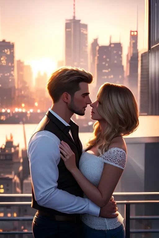 Prompt: photorealistic portrait, a sexual and confident couple in love of a brunet man and a blonde girl, hot, passion, panorama of the city, perfect composition, detailed face, realistic, super detailed, 8k, high quality, artstation, sharp focus, studio photo, intricate details, highly detailed, by greg rutkowski
