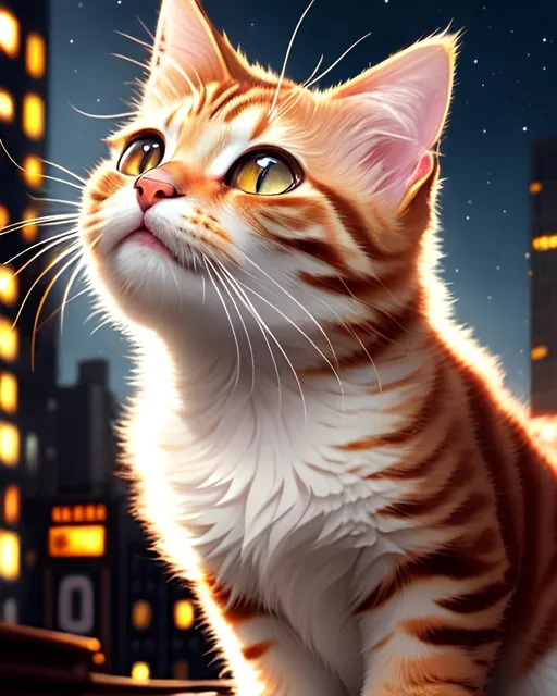 Prompt: photorealistic, ginger kitten looking up, busy night city, perfect composition, detailed face, realistic, super detailed, 8k, high quality, artstation, sharp focus, studio photo, intricate details, highly detailed, by greg rutkowski