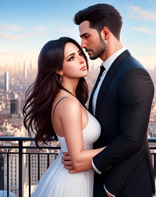 Prompt: photorealistic portrait, a sexual and confident couple in love of a man and a girl, hot, passion, panorama of the city, perfect composition, detailed face, realistic, super detailed, 8k, high quality, artstation, sharp focus, studio photo, intricate details, highly detailed, by greg rutkowski