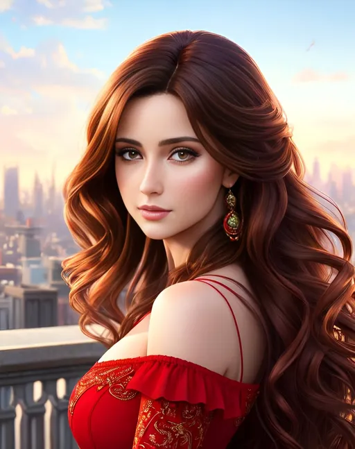 Prompt: photorealistic portrait, a couple of a beautiful girl with long wavy brown hair wearing a red dress and a handsome man with short brown hair, passion, hot, love, panorama of the city, perfect composition, detailed face, realistic, super detailed, 8k, high quality, artstation, sharp focus, studio photo, intricate details, highly detailed, by greg rutkowski