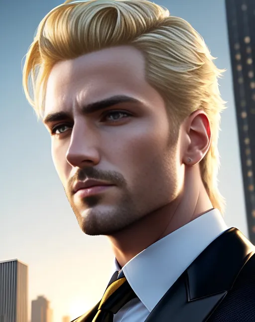 Prompt: photorealistic portrait, a confident man with blonde hair and yellow eyes wearing a black leather waistcoat, panorama of the city, perfect composition, detailed face, realistic, super detailed, 8k, high quality, artstation, sharp focus, studio photo, intricate details, highly detailed, by greg rutkowski