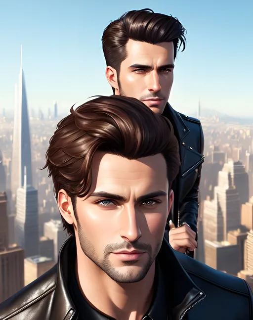 Prompt: photorealistic portrait, a confident man with brown hair and brown eyes wearing black leather jacket, panorama of the city, perfect composition, detailed face, realistic, super detailed, 8k, high quality, artstation, sharp focus, studio photo, intricate details, highly detailed, by greg rutkowski