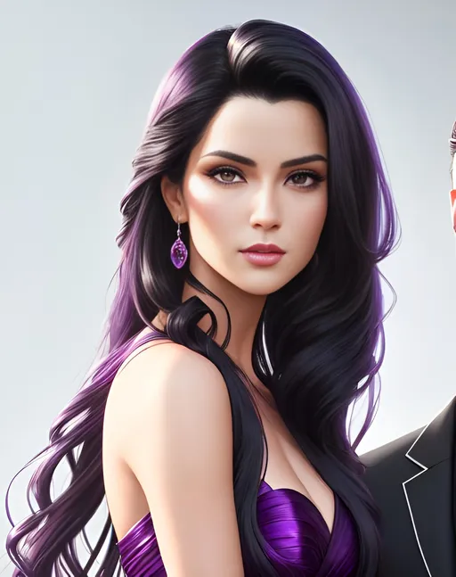 Prompt: photorealistic portrait, a couple of a beautiful girl with long wavy black hair in a stunning violet dress and a handsome man with black hair, perfect composition, detailed face, realistic, super detailed, 8k, high quality, artstation, sharp focus, studio photo, intricate details, highly detailed, by greg rutkowski