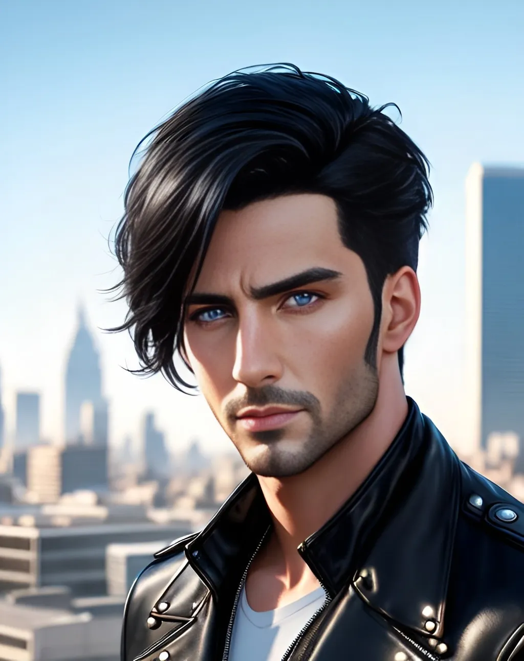 Prompt: photorealistic portrait, an attractive man with black hair and blue eyes wearing a leather jacket, panorama of the city, perfect composition, detailed face, realistic, super detailed, 8k, high quality, artstation, sharp focus, studio photo, intricate details, highly detailed, by greg rutkowski