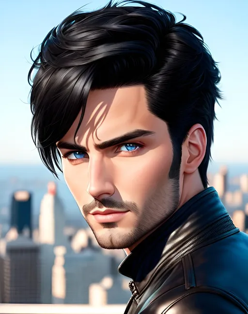 Prompt: photorealistic portrait, an attractive man with black hair and blue eyes wearing a leather jacket, panorama of the city, perfect composition, detailed face, realistic, super detailed, 8k, high quality, artstation, sharp focus, studio photo, intricate details, highly detailed, by greg rutkowski