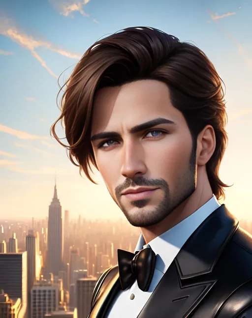 Prompt: photorealistic portrait, an attractive man with brown hair and hazel eyes wearing a black leather waistcoat, panorama of the city, perfect composition, detailed face, realistic, super detailed, 8k, high quality, artstation, sharp focus, studio photo, intricate details, highly detailed, by greg rutkowski