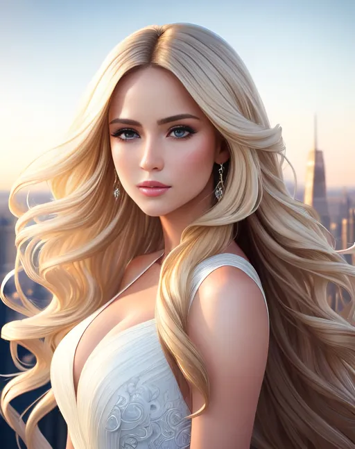 Prompt: photorealistic portrait, a beautiful girl with long wavy blonde hair wearing a white dress, a handsome man with short brown hair, passion, hot, love, panorama of the city, perfect composition, detailed face, realistic, super detailed, 8k, high quality, artstation, sharp focus, studio photo, intricate details, highly detailed, by greg rutkowski