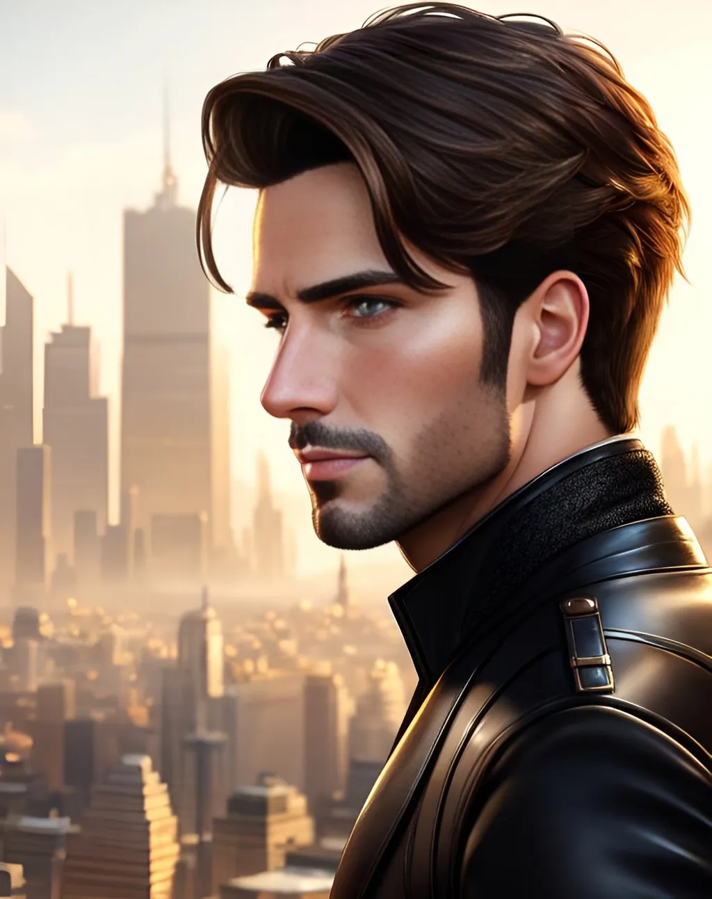 Prompt: photorealistic portrait, an attractive man with brown hair and hazel eyes wearing a black leather waistcoat, panorama of the city, perfect composition, detailed face, realistic, super detailed, 8k, high quality, artstation, sharp focus, studio photo, intricate details, highly detailed, by greg rutkowski