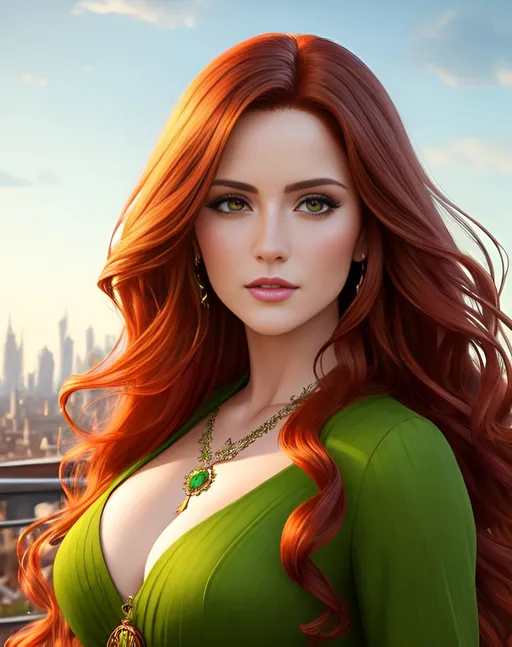 Prompt: photorealistic portrait, a beautiful girl with long wavy red hair wearing a green dress, a handsome man with short brown hair, passion, hot, love, panorama of the city, perfect composition, detailed face, realistic, super detailed, 8k, high quality, artstation, sharp focus, studio photo, intricate details, highly detailed, by greg rutkowski