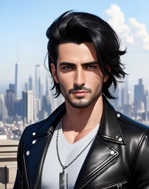 Prompt: photorealistic portrait, an attractive man with black hair and gray eyes wearing a black leather jacket with rolled sleeves, panorama of the city, perfect composition, detailed face, realistic, super detailed, 8k, high quality, artstation, sharp focus, studio photo, intricate details, highly detailed, by greg rutkowski