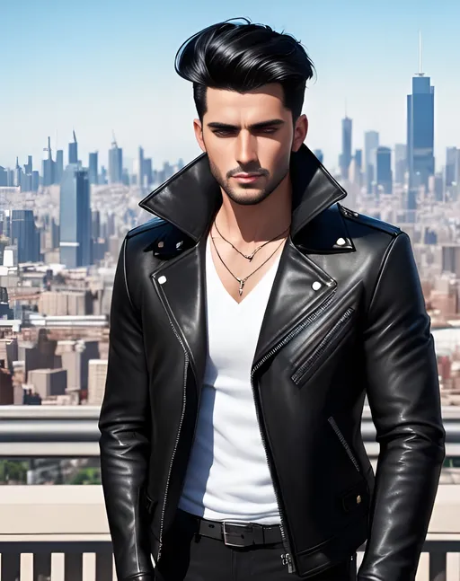 Prompt: photorealistic portrait, a handsome confident man with black hair wearing black leather jacket with long sleeves and black jeans, panorama of the city, perfect composition, detailed face, realistic, super detailed, 8k, high quality, artstation, sharp focus, studio photo, intricate details, highly detailed, by greg rutkowski