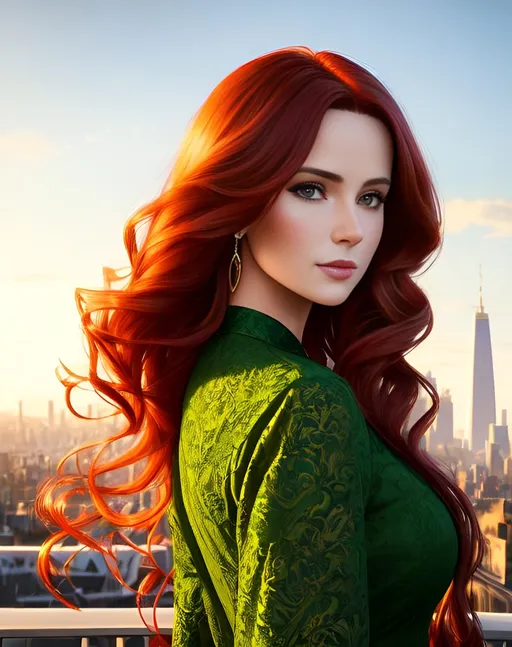 Prompt: photorealistic portrait, a beautiful girl with long wavy red hair wearing a green dress, a handsome man with short brown hair, passion, hot, love, panorama of the city, perfect composition, detailed face, realistic, super detailed, 8k, high quality, artstation, sharp focus, studio photo, intricate details, highly detailed, by greg rutkowski